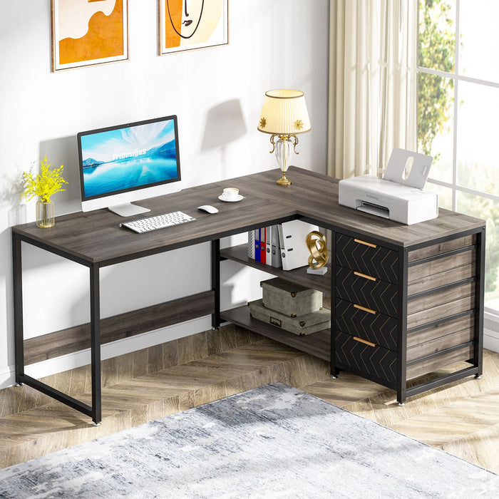 Tribesigns 59" L - Shaped Desk, Reversible Corner Desk with Drawers & Shelves Tribesigns