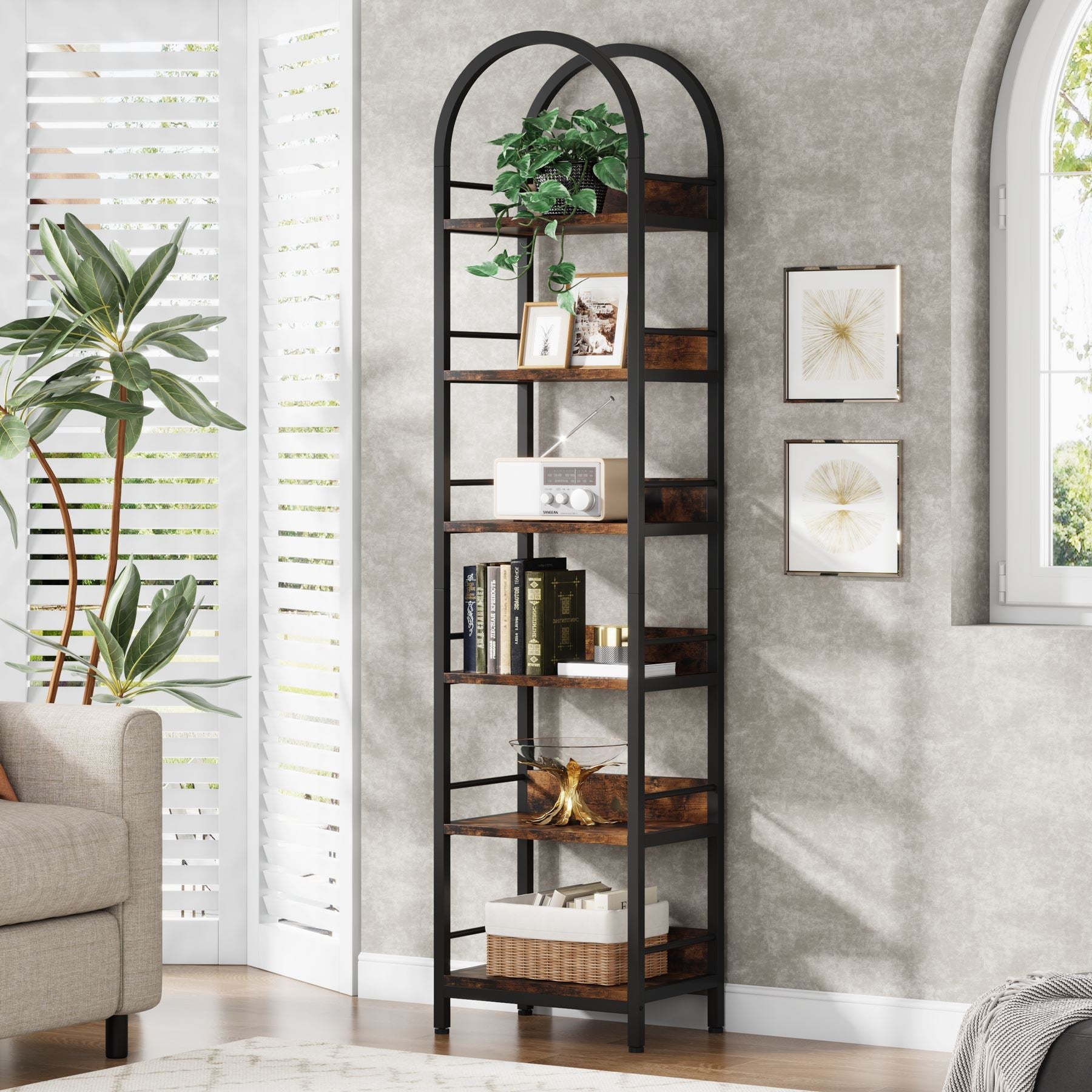 Wood Bookcase 5-Tier Open Shelf Tall Narrow Bookshelf good for Small Spaces