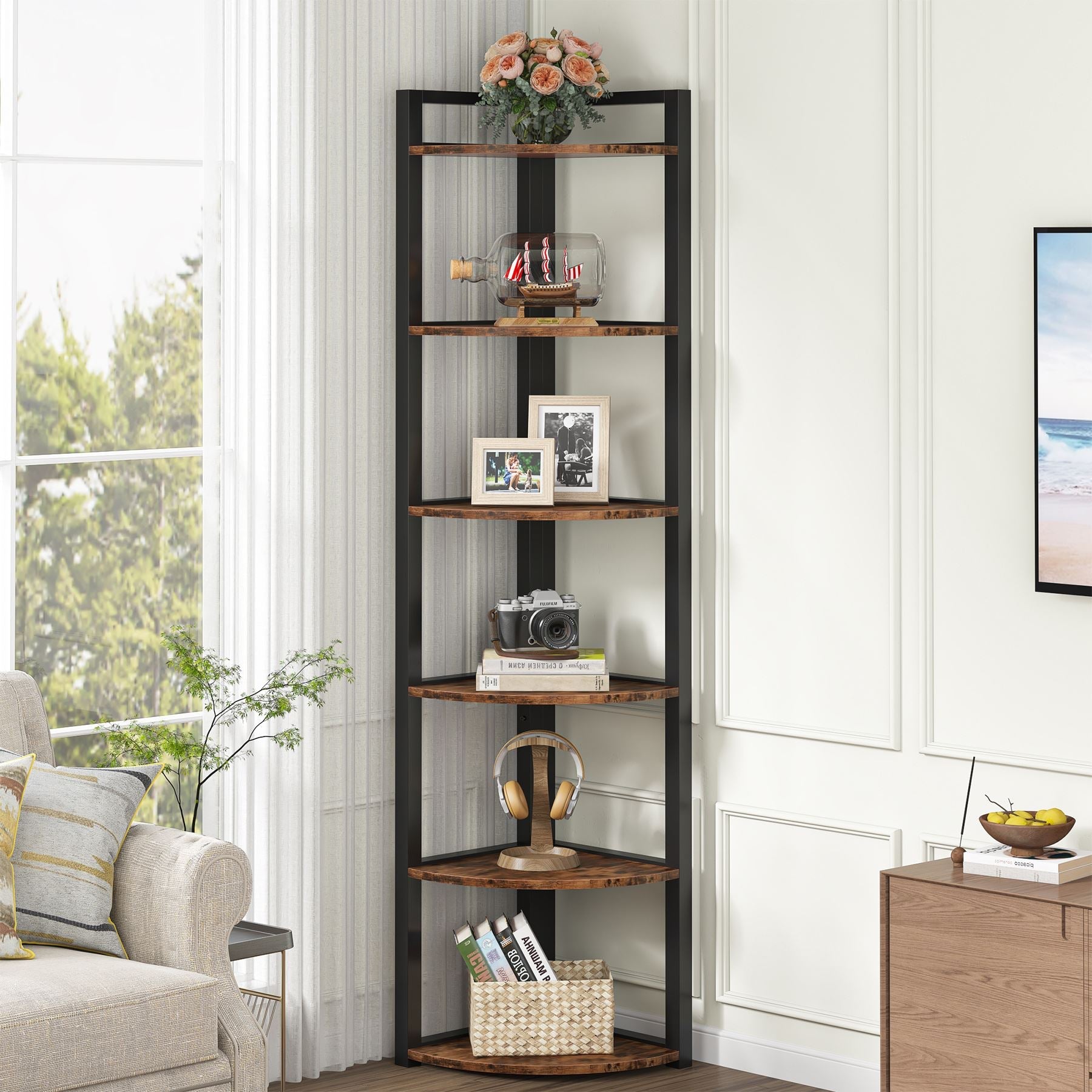 Store 3-Tier Bookcase, Small Storage Shelves, Industrial Shelving Unit, Brown