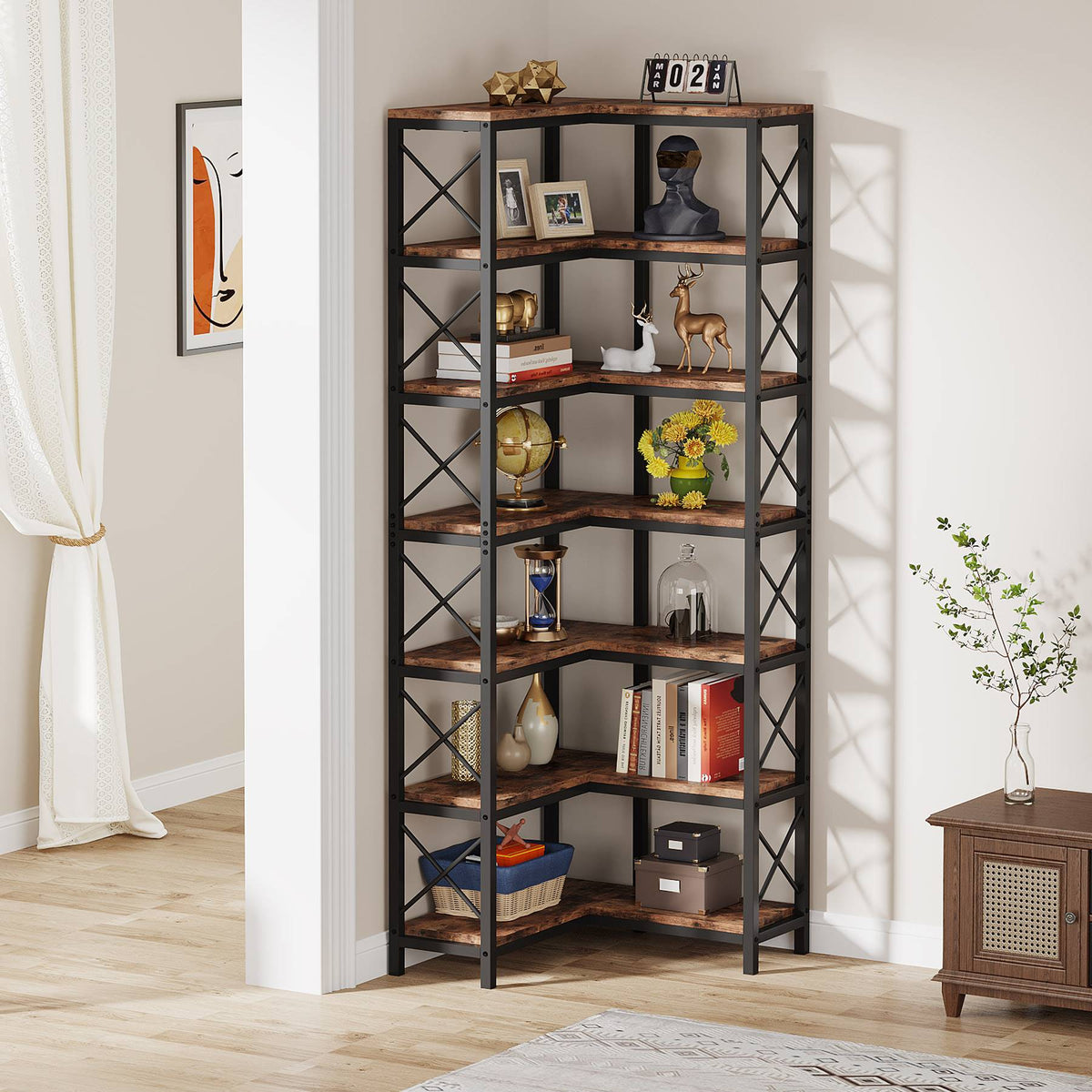 7 Tier Shelf & Corner Storage Shelf, Rustic Display Rack-Tribesigns