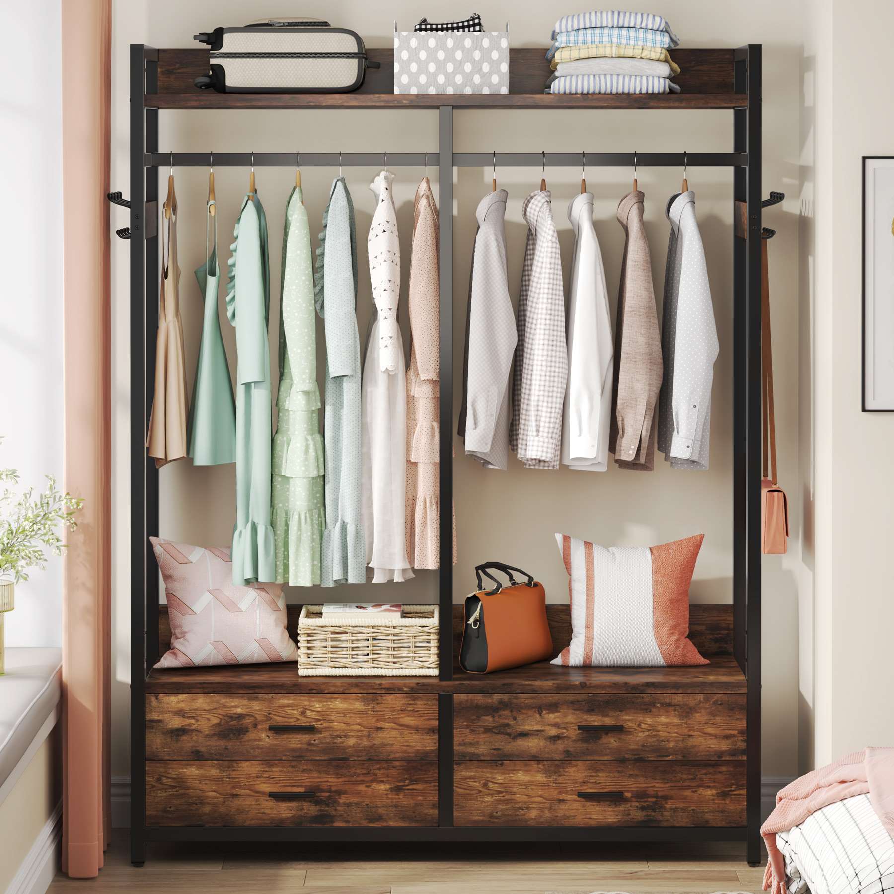 dressing rack design Rackcog 115.7" W Walk-in Closet System With 4 Drawers and 5 Hanging Rods, Space-Saving Wardrobe Rack Closet Organizer