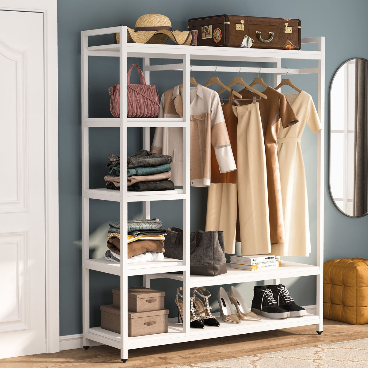 Freestanding Hanging Closet Organizers with 6 Shelves and Hanging Bar