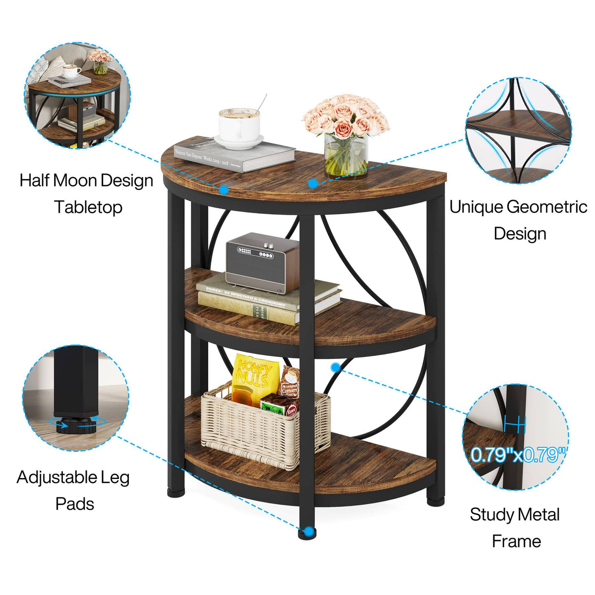 3-Tier Half-Round Side Table, Narrow End Tables For Living Room-Tribesigns