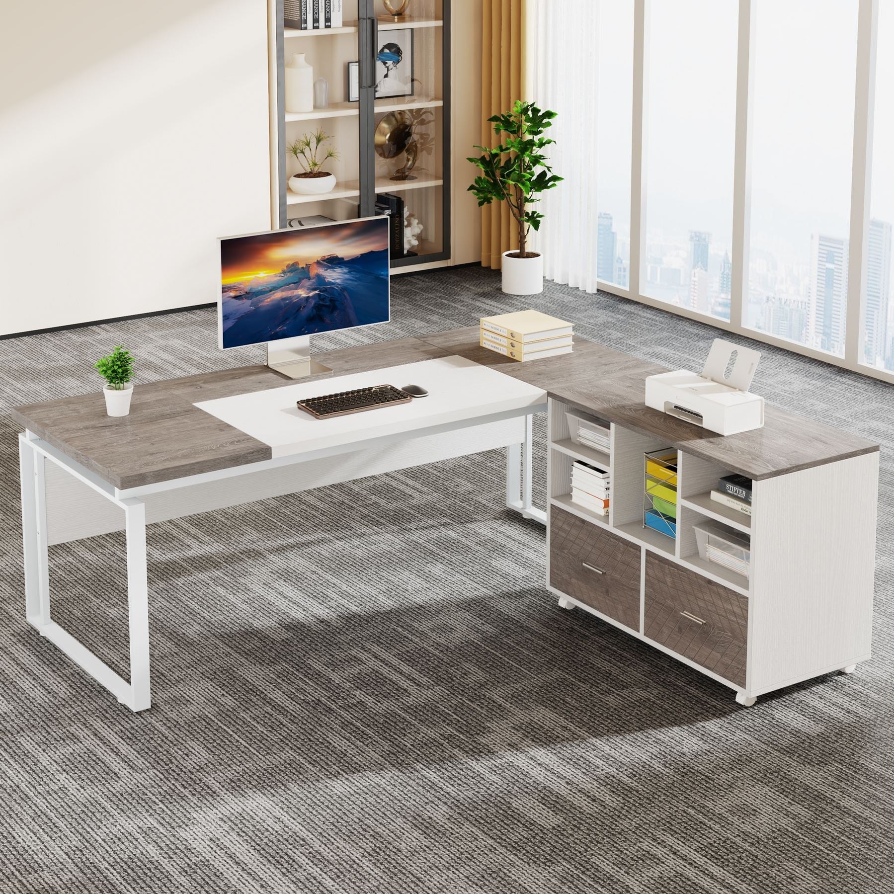 File Room Desk Tribesigns L-Shaped Executive Desk with Mobile File Cabinet