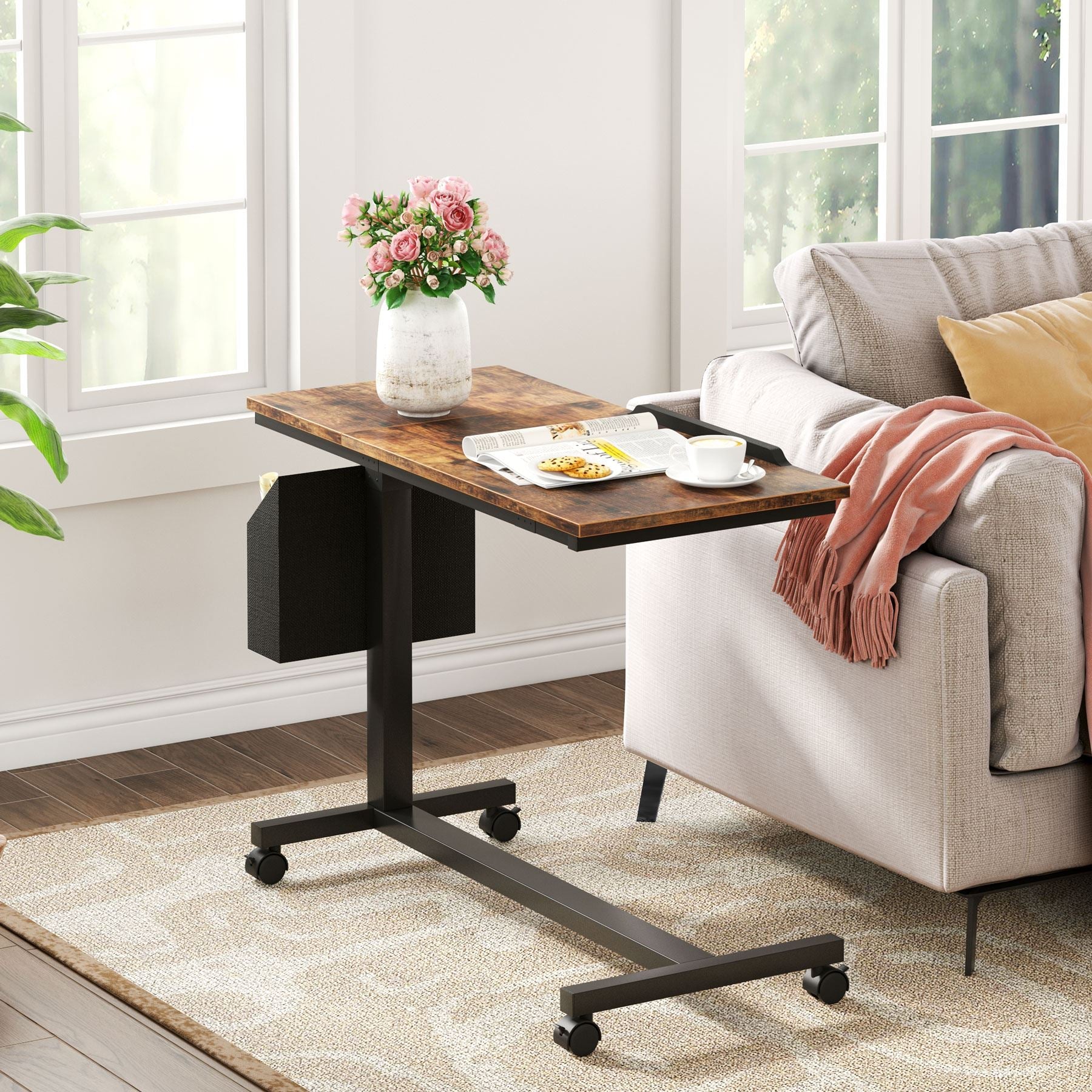 Mobile C-Shaped End Table with Wheels - Thumbnail 3