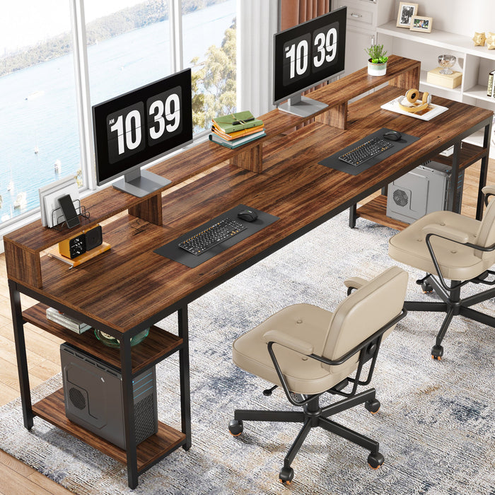 Two Person Desk, 78.7" Computer Desk With Monitor Stand and 4 Open Shelf Tribesigns