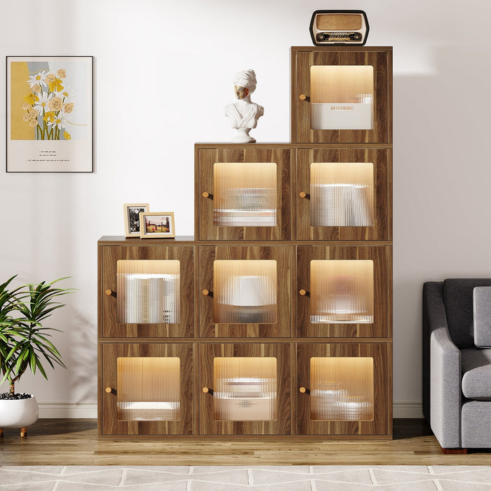 Wood Bookshelf, 63" High Bookcase Etagere 9 Cubes With LED Lights Tribesigns