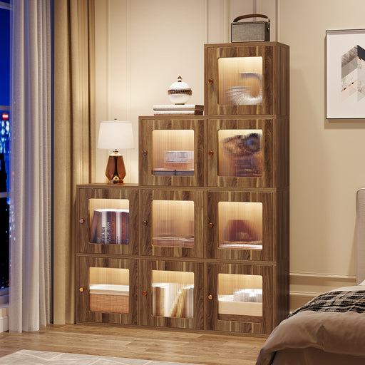 Wood Bookshelf, 63" High Bookcase Etagere 9 Cubes With LED Lights Tribesigns