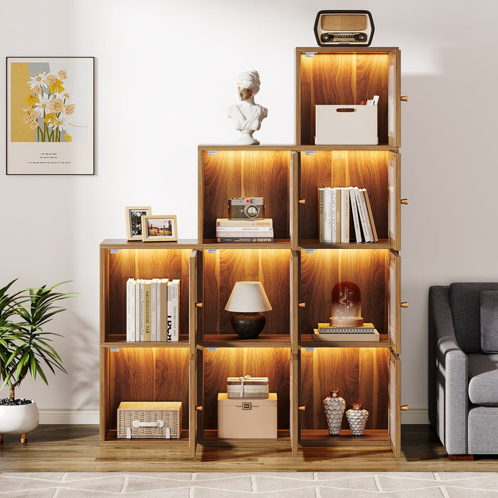 Wood Bookshelf, 63" High Bookcase Etagere 9 Cubes With LED Lights Tribesigns