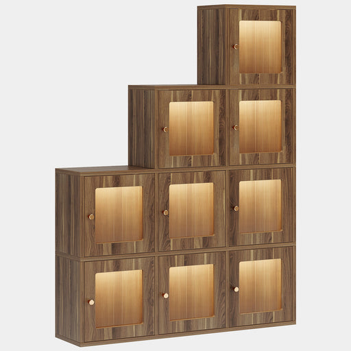 Wood Bookshelf, 63" High Bookcase Etagere 9 Cubes With LED Lights Tribesigns