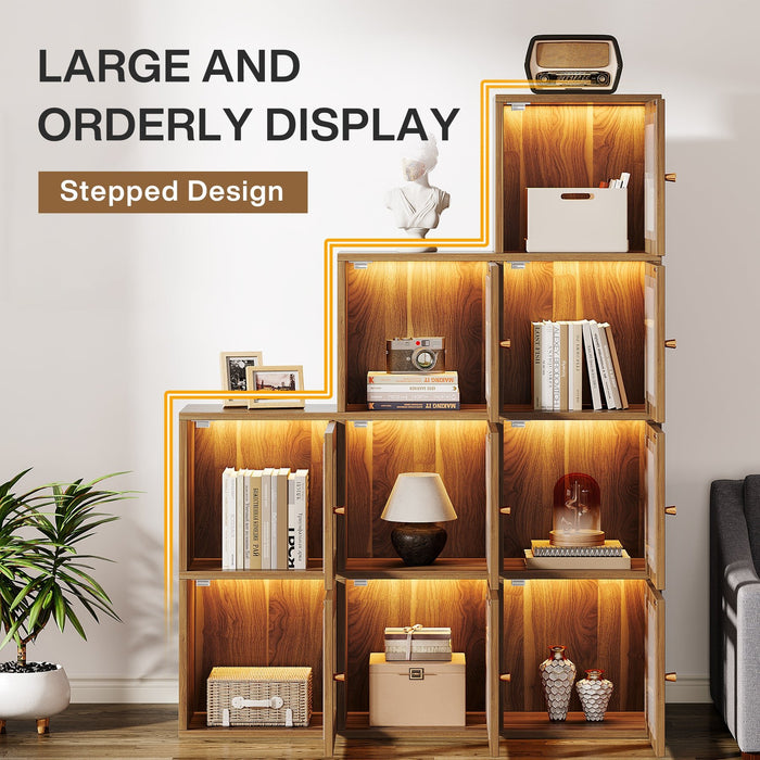 Wood Bookshelf, 63" High Bookcase Etagere 9 Cubes With LED Lights Tribesigns