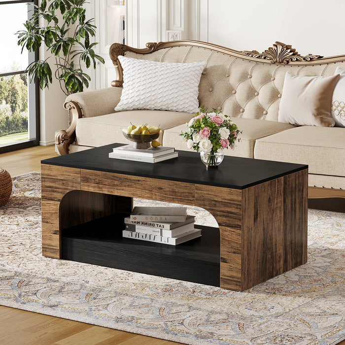 Wood Coffee Table, 2 - Tier Center Table Snack Table with Storage Tribesigns