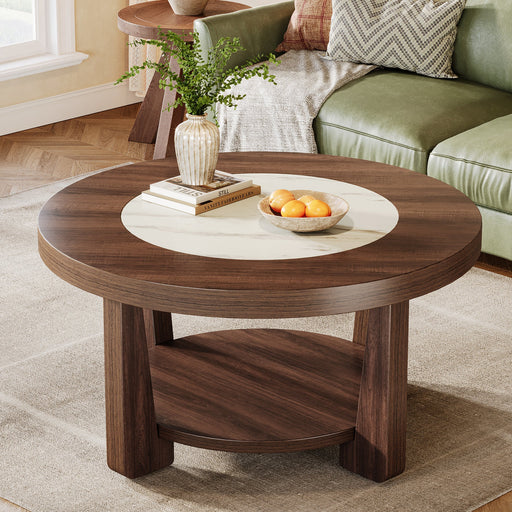 Wood Coffee Table, Round 2 - Tier Accent Center Table Tribesigns