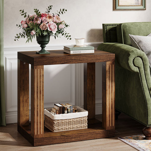 Wood End Table, 2 - Tier Farmhouse Side Table with Storage Shelf Tribesigns