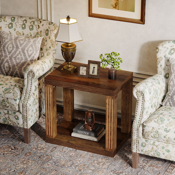 Wood End Table, 2 - Tier Farmhouse Side Table with Storage Shelf Tribesigns