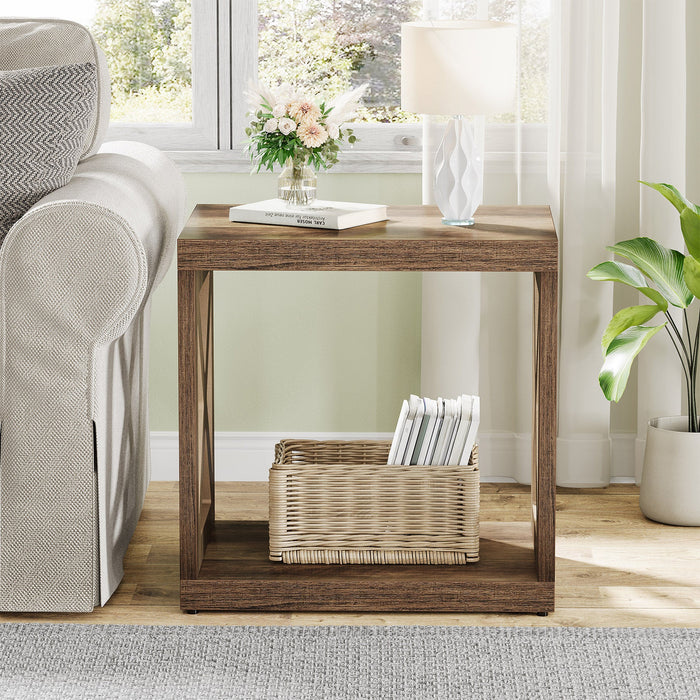 Wood End Table, 2 - Tier Side Table With Storage Shelf Tribesigns