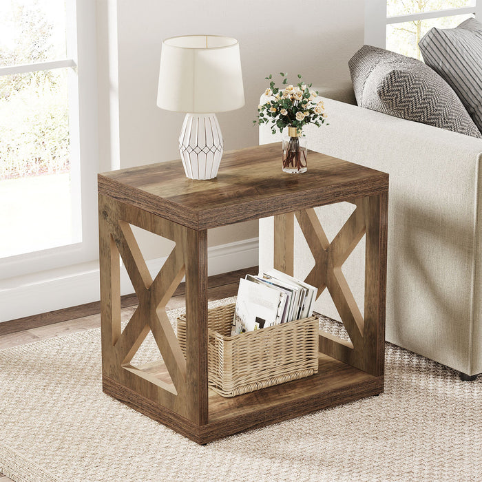 Wood End Table, 2 - Tier Side Table With Storage Shelf Tribesigns