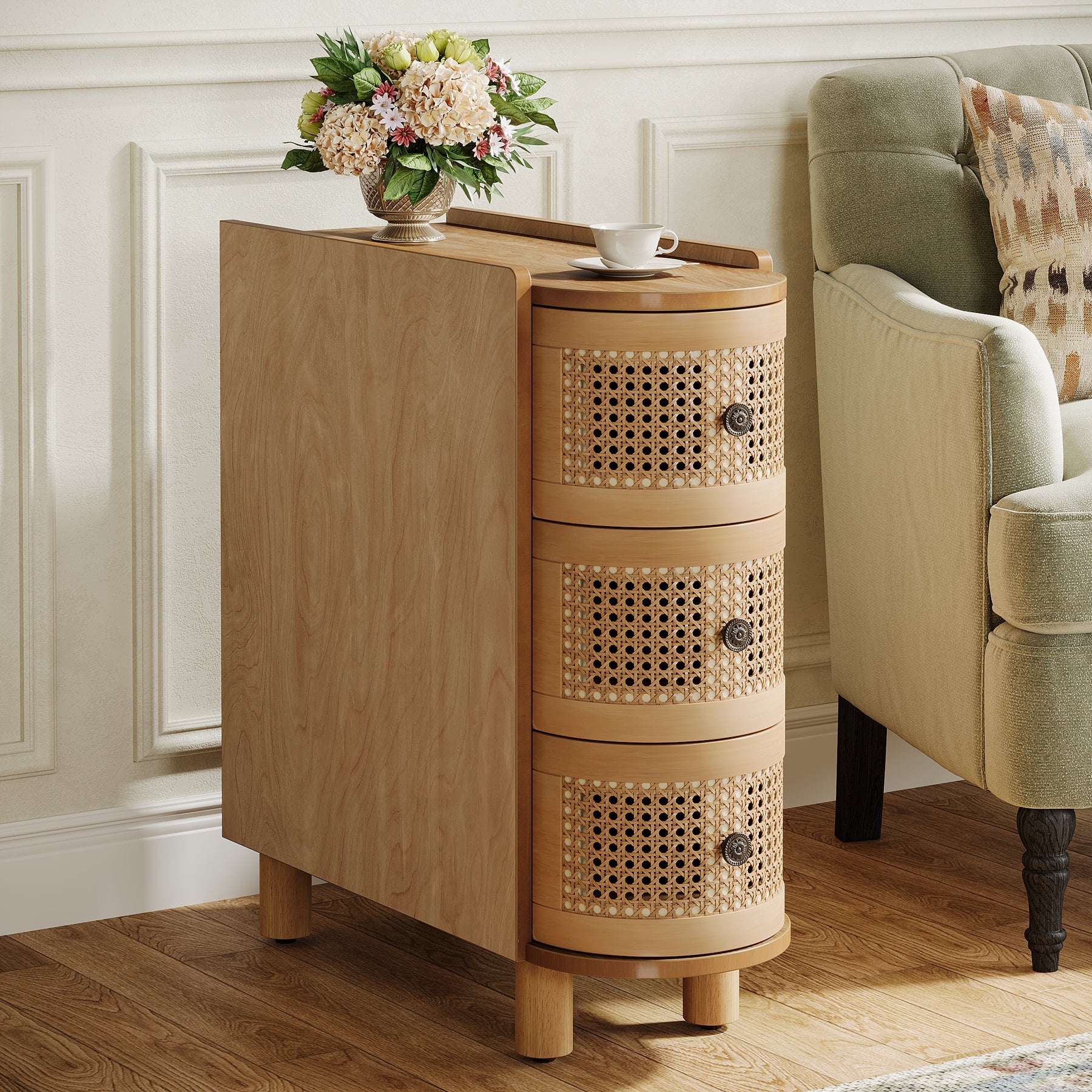 Tribesigns Wood End Table, 3-Drawer Side Table with 3 Rattan