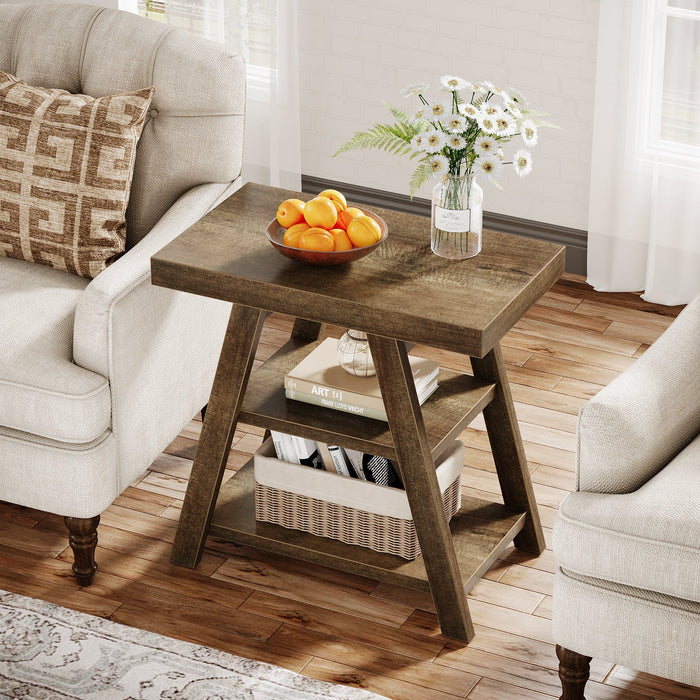 Wood End Table, 3 - Tier Sofa Side Table with Storage Shelf Tribesigns