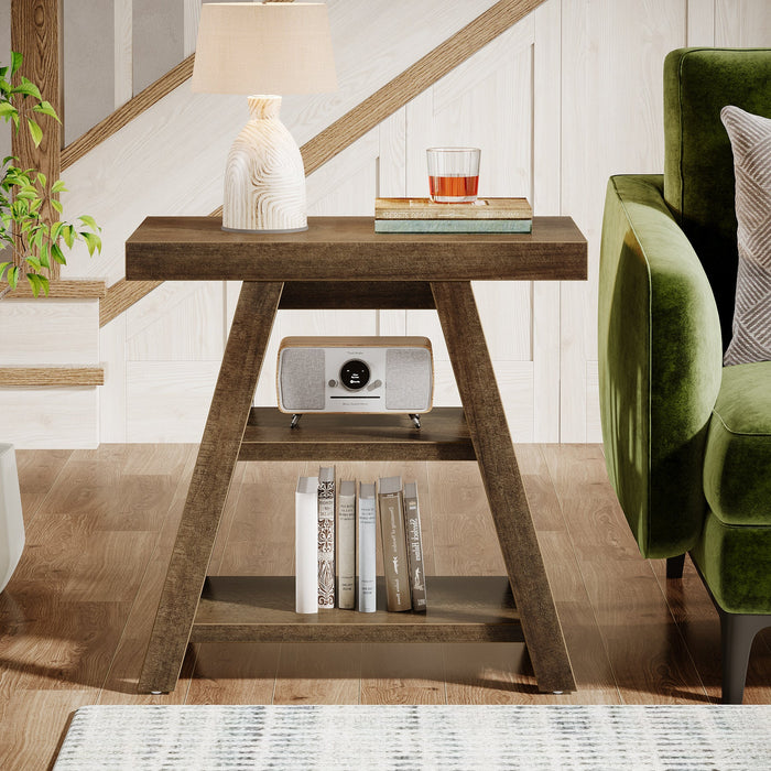 Wood End Table, 3 - Tier Sofa Side Table with Storage Shelf Tribesigns