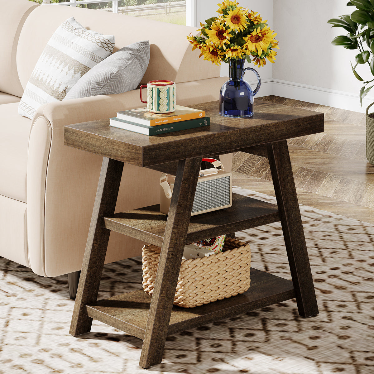 Tribesigns Wood End Table, 3-Tier Sofa Side Table with Storage Shelf ...