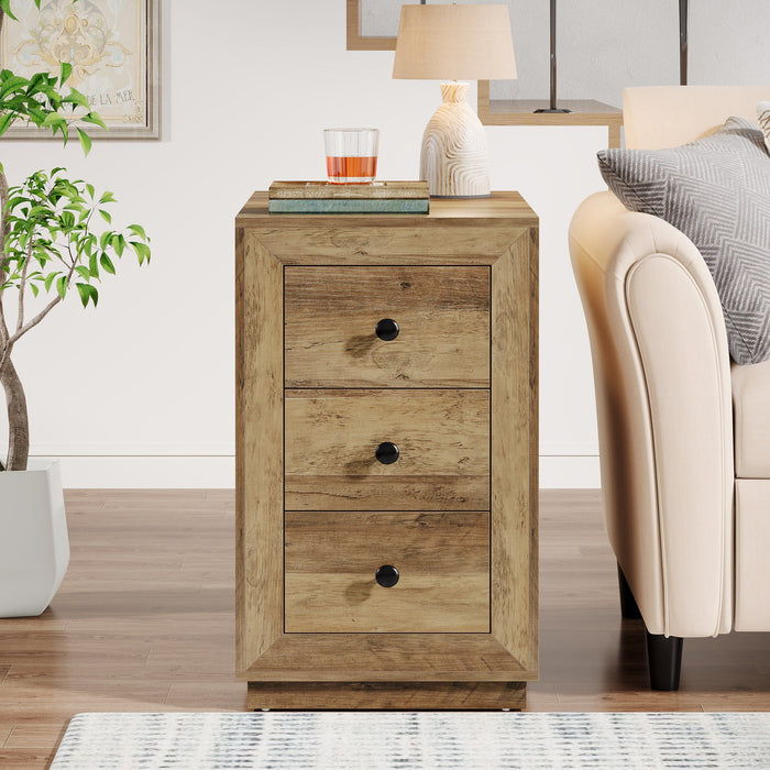 Wood End Table, Farmhouse 3 - Drawer Sofa Side Table Nightstand Tribesigns