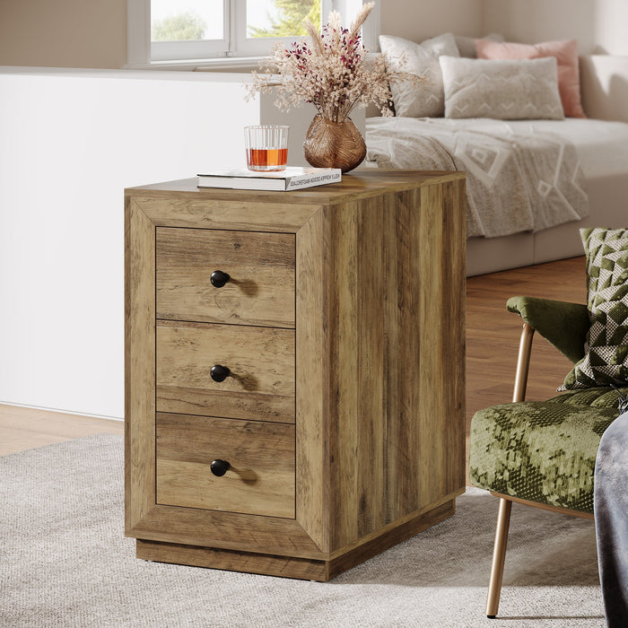 Wood End Table, Farmhouse 3 - Drawer Sofa Side Table Nightstand Tribesigns