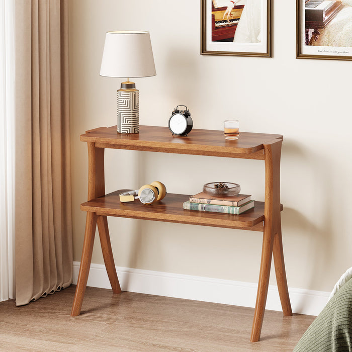 Wood End Table, Farmhouse Side Table with 2 - Tier Storage Shelf Tribesigns