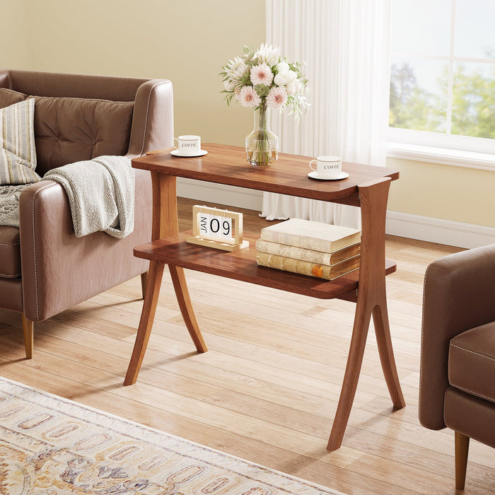 Wood End Table, Farmhouse Side Table with 2 - Tier Storage Shelf Tribesigns