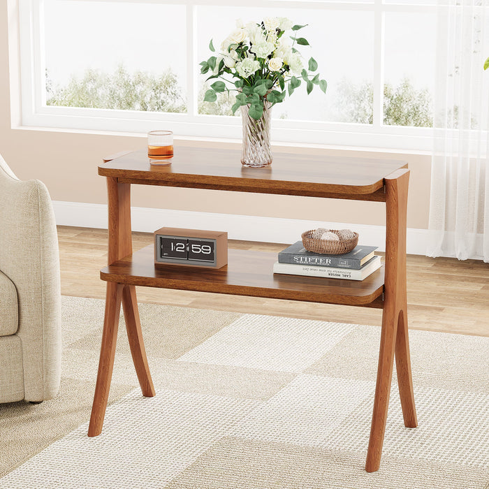 Wood End Table, Farmhouse Side Table with 2 - Tier Storage Shelf Tribesigns