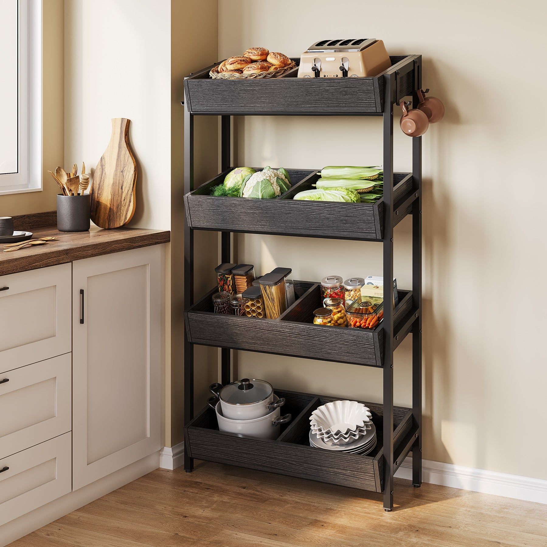 Tribesigns Wood Fruit Vegetable Storage Rack, 4-Tier Storage Organizer