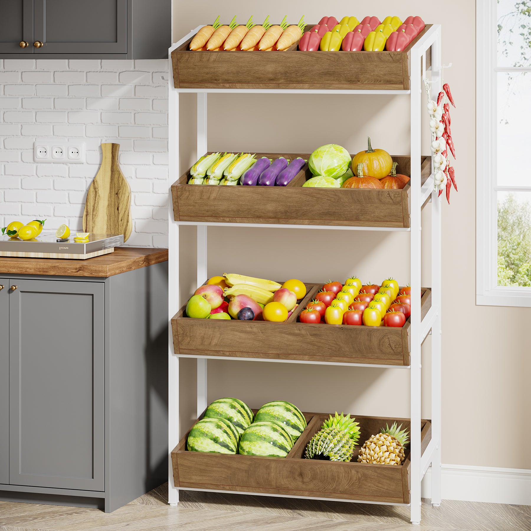 Wood Fruit Vegetable Storage Rack Stand, 4-Tier Storage Organizer