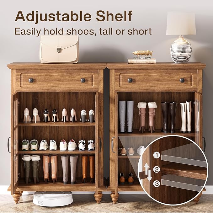 Wood Shoe Cabinet, Shoe Organizer Storage Cabinet with Adjustable Shelves Tribesigns