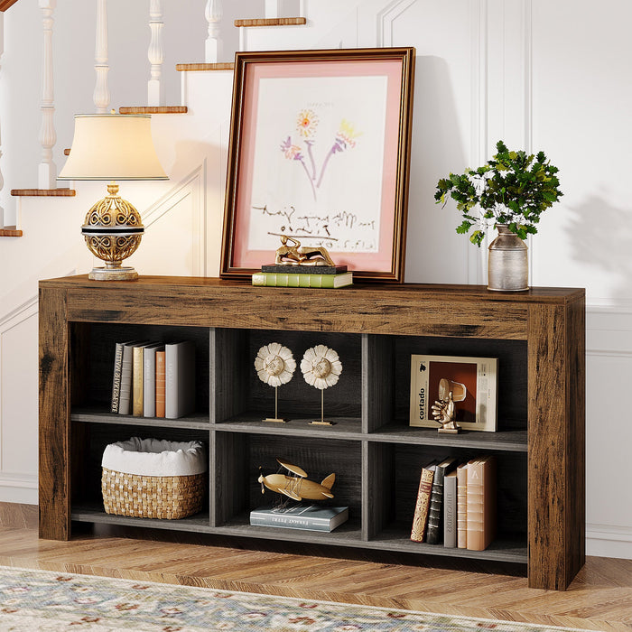 Wood Sofa Table, Rustic Console Table Entryway Table with 6 Storage Cubes Tribesigns