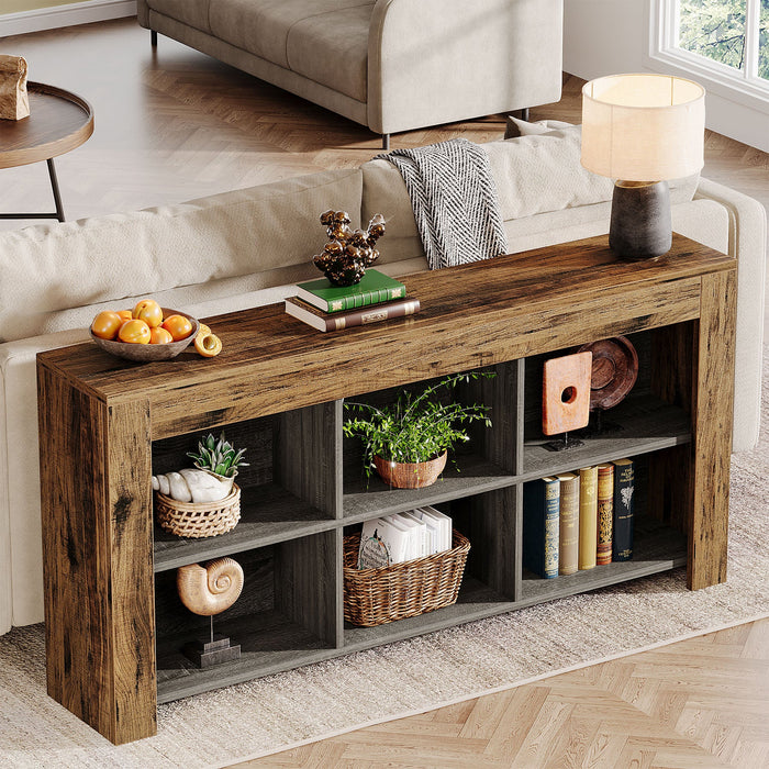 Wood Sofa Table, Rustic Console Table Entryway Table with 6 Storage Cubes Tribesigns