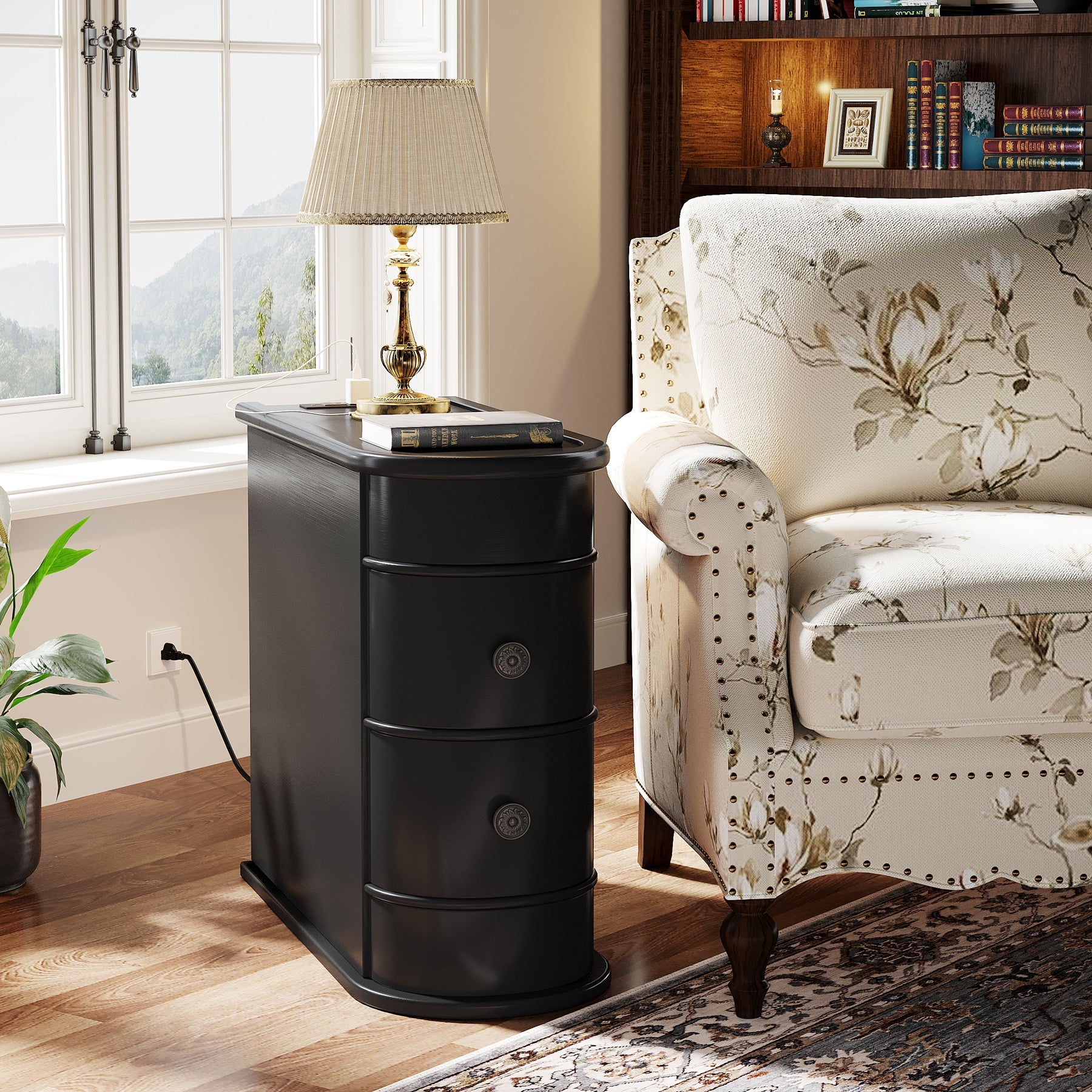 Tribesigns Solid Wood Chairside End Table with Two Drawers - Thumbnail 2