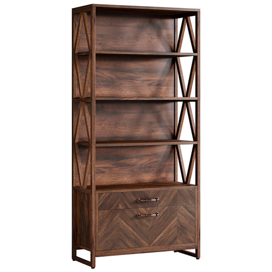 Wooden Bookshelf, Vintage 5-Tier Bookcase with 2 Drawers Tribesigns