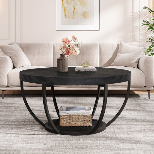 Wooden Coffee Table, 2 - Tier Round Central Cocktail Table with Shelves Tribesigns
