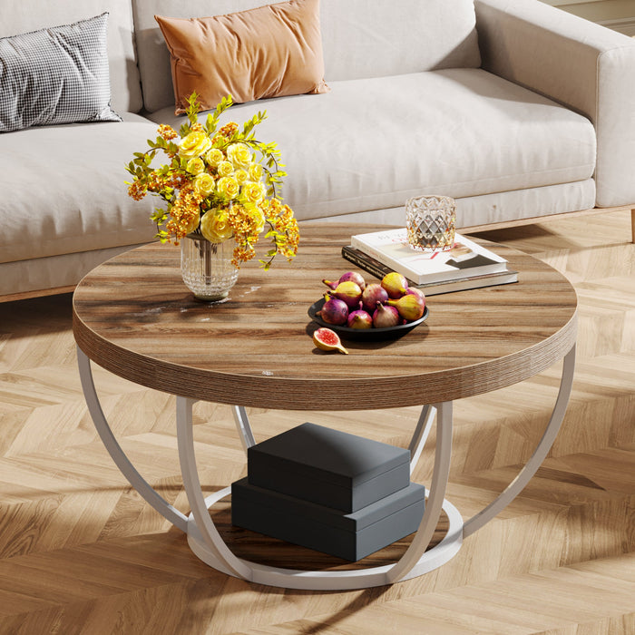 Wooden Coffee Table, 2 - Tier Round Central Cocktail Table with Shelves Tribesigns