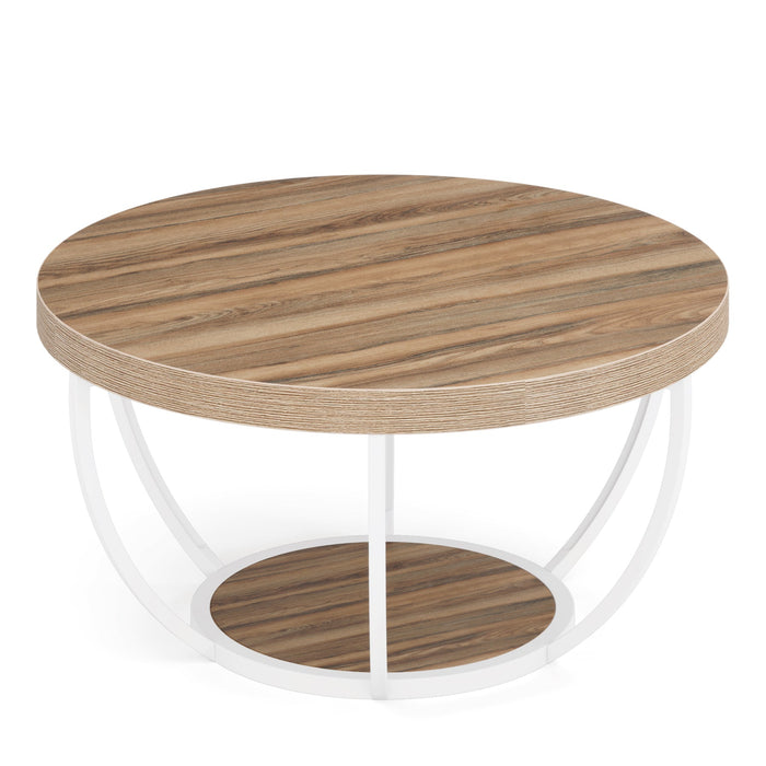 Wooden Coffee Table, 2 - Tier Round Central Cocktail Table with Shelves Tribesigns