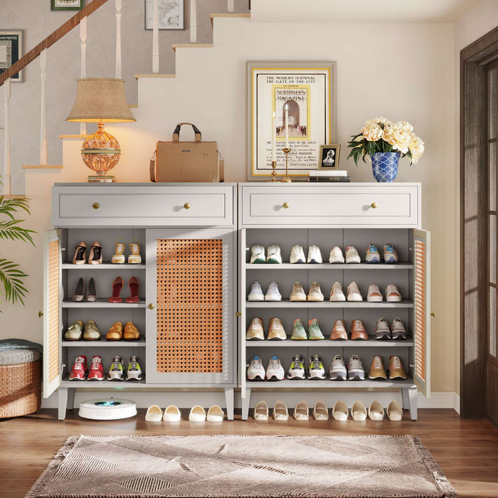 Wooden Shoe Cabinet, Rattan Shoe Organizer with Doors and Drawer Tribesigns