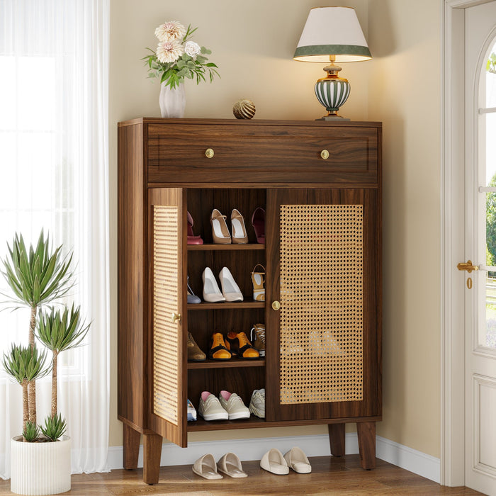 Wooden Shoe Cabinet, Rattan Shoe Organizer with Doors and Drawer Tribesigns