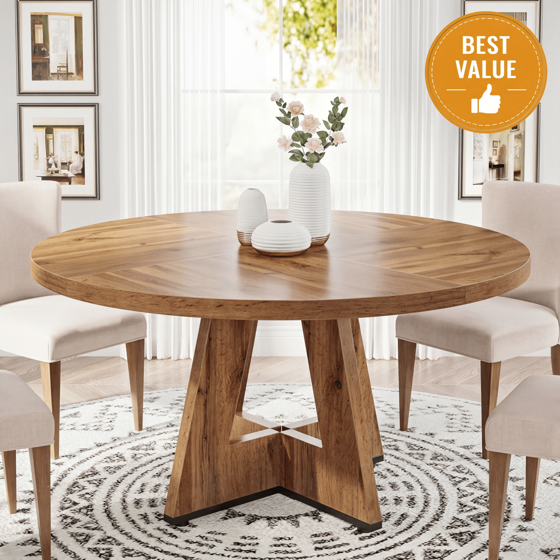 47-Inch Round Farmhouse Dining Table for 4–6 with Cross-Style Pedestal Base