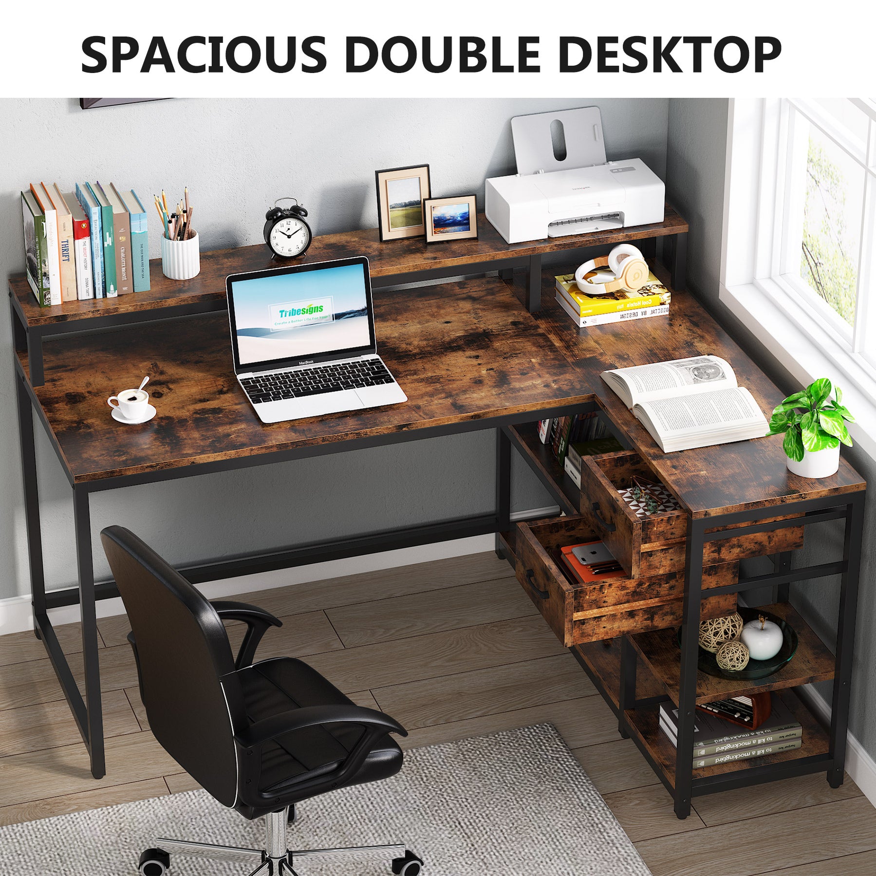 Tribesigns L-Shaped Desk, Corner Desk with Drawer & Storage Shelves