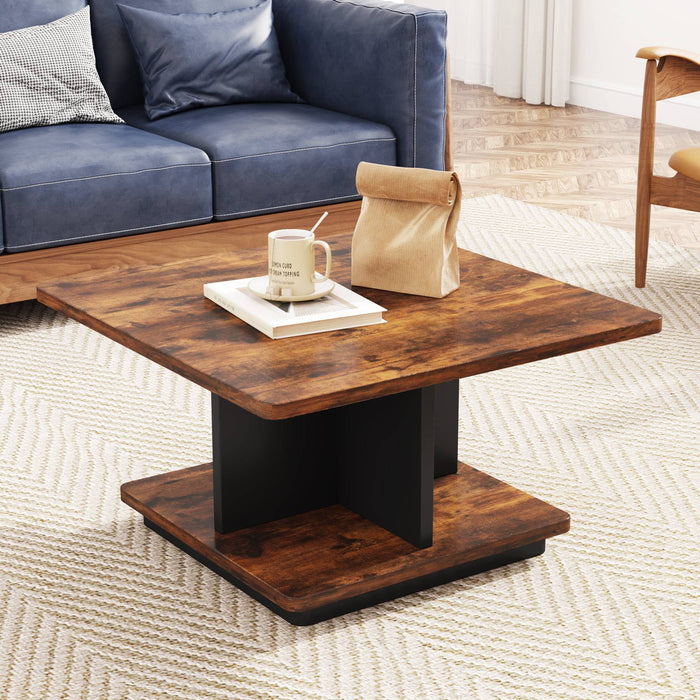 Coffee Table, 31.5" Wood Square Cocktail Table with 2 Tier Storage Tribesigns
