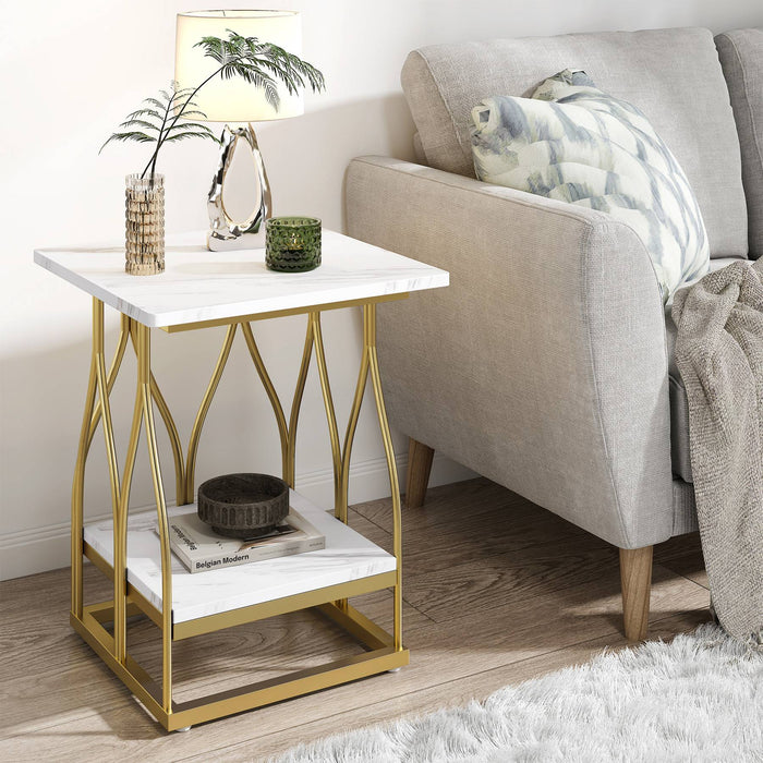 End Table, 2-Tier Square Side Table, Faux Marble Coffee Table Tribesigns