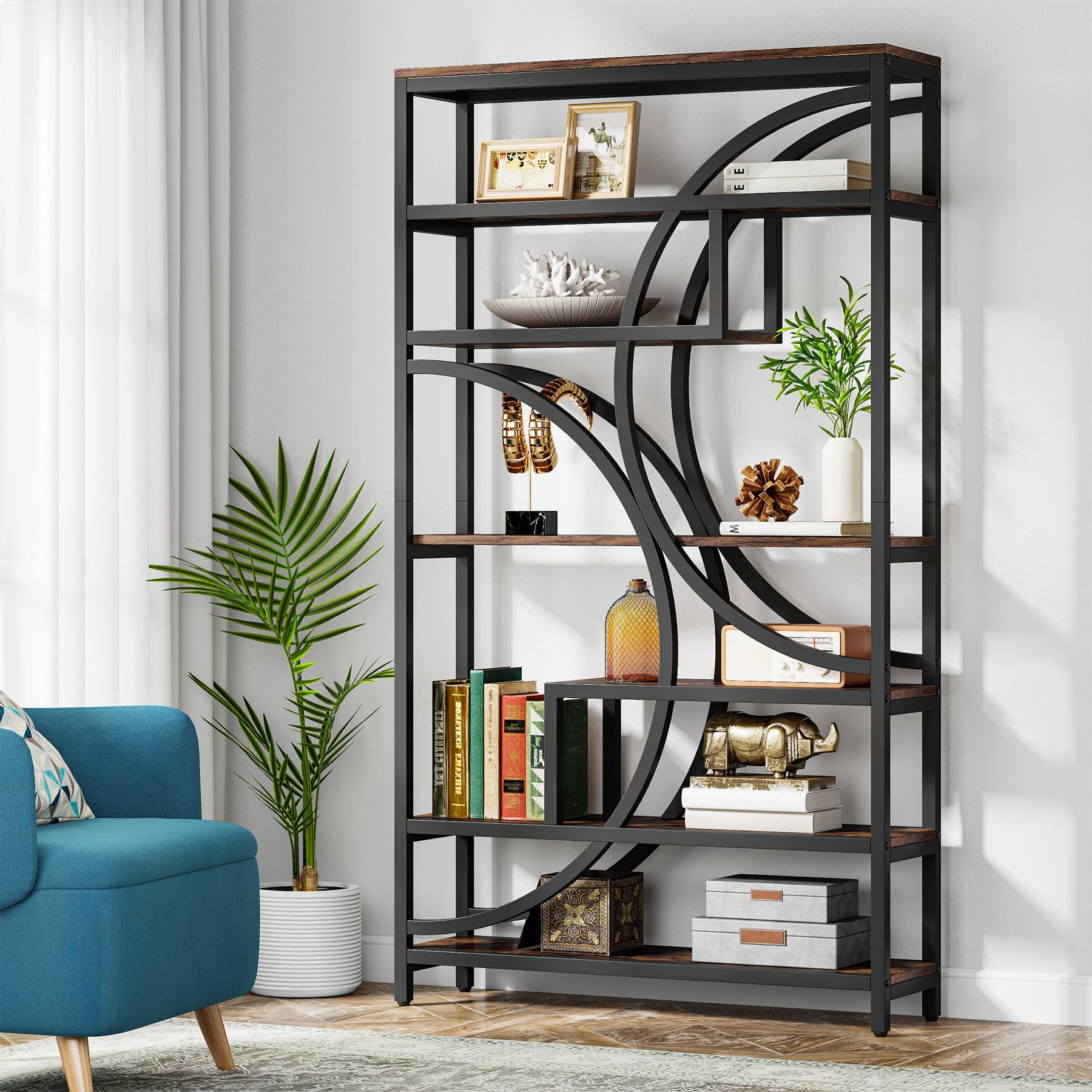 Tribesigns 75” Tall Bookshelf, 11-Shelves Staggered Bookcase with Unique  Arc-Shaped Design, Industrial Etagere Shelving Unit Storage Display Shelves