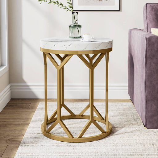 End Table, Round Faux Marble Side Table for Living Room Tribesigns
