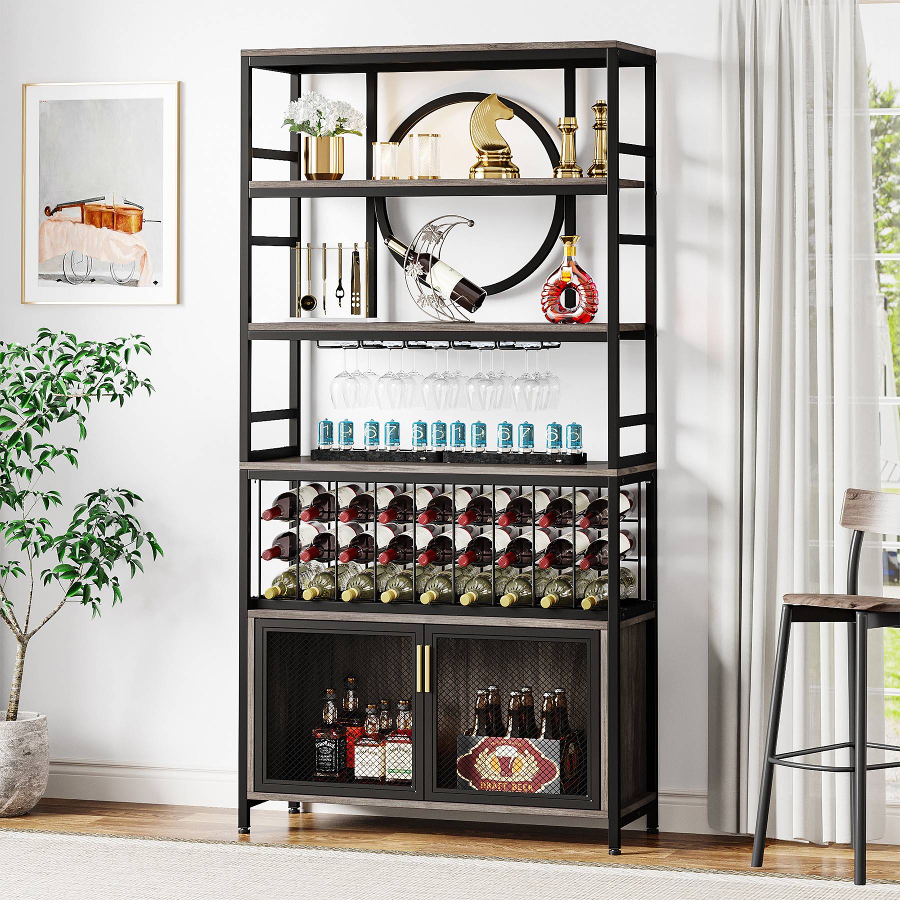 Freestanding Wine Rack, 75 Wine Organizer Liquor Cabinet with Glasses  Holder