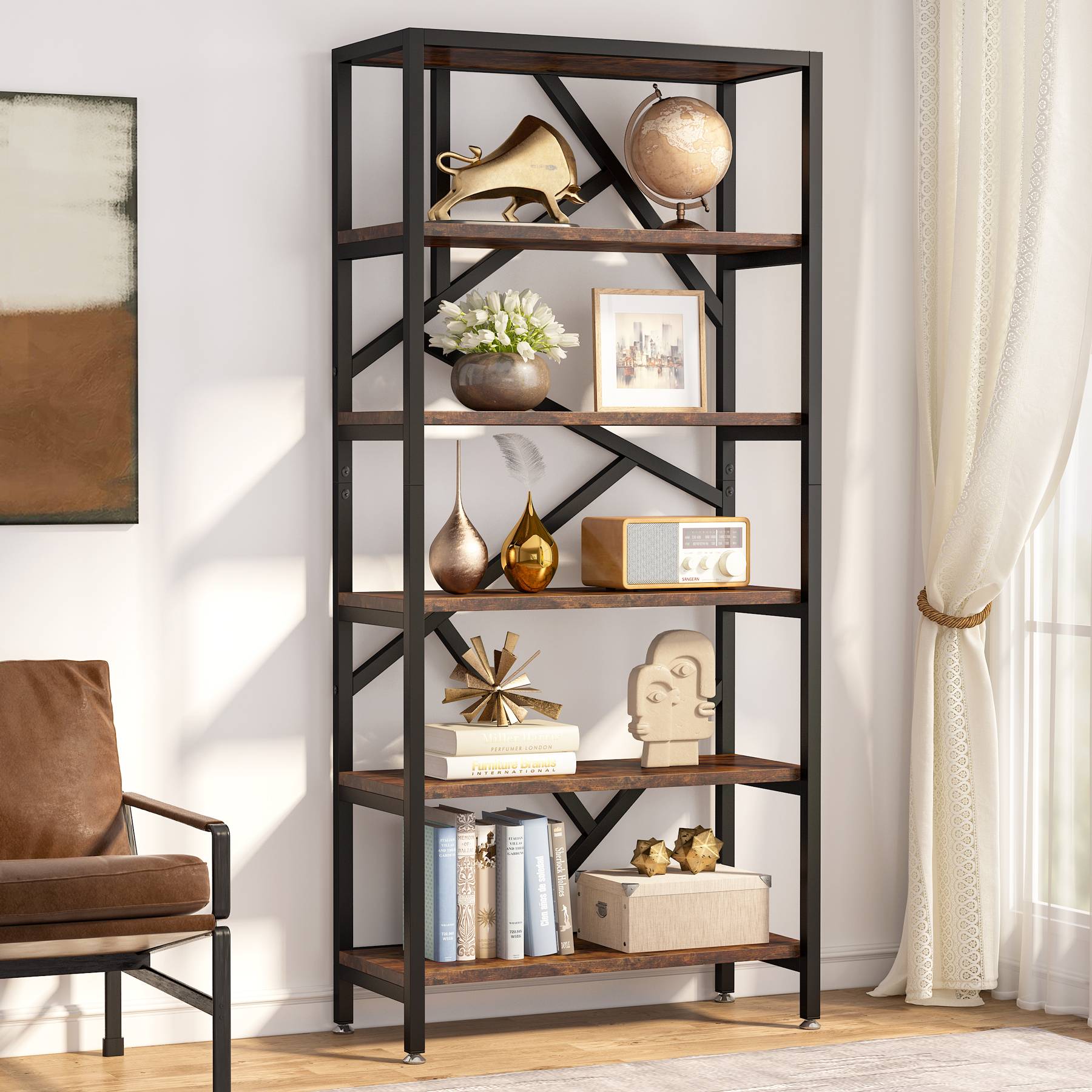 TribeSigns 6-Tier Bookshelf 70.9 inch Tall Bookcase, Vintage Industrial  12-Shelf Display Shelves